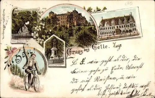 Litho Celle in Niedersachsen, Radfahrer, Rathaus, Denkmal, Schloss