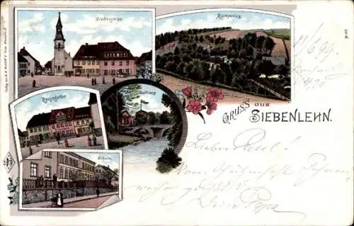 Litho Siebenlehn Großschirma in Sachsen, Romanus, Ratskeller, Schule, Zollhaus