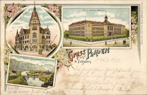 Litho Dresden Plauen, Rathaus, Königliches Lehrerseminar