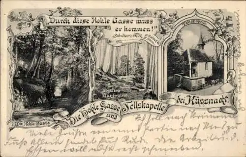 Passepartout Ak Küssnacht Kt. Schwyz Schweiz, Die hohle Gasse und Tellskapelle, Burgruine