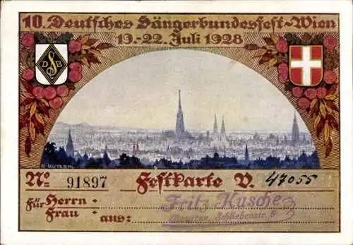 Wappen Künstler Ak Kutzer, E., Wien I Innere Stadt, Panorama, 10. Deutsches Sängerbundesfest 1928