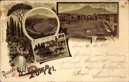 Litho Pompei Campania, Marktplatz, Kutsche, Stadion, Pompei