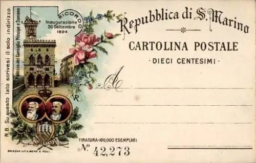 Vorläufer Litho San Marino, Palazzo del Consiglio Principe e Sovrano, Inaugurazione 1894