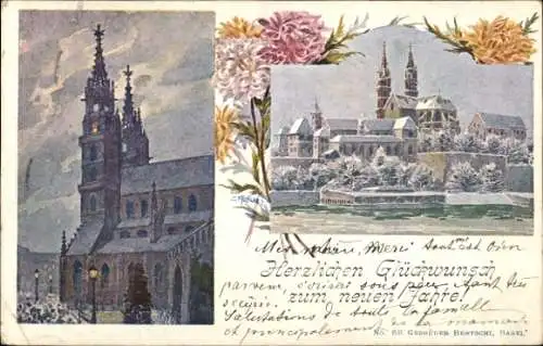 Künstler Ak Basel Bâle Stadt Schweiz, Stadt im Winter, Münster