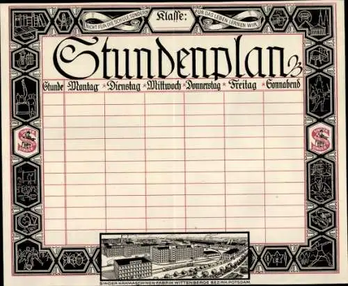 Stundenplan Singer Nähmaschinen, Wittenberge Bezirk Potsdam, Datentabellen um 1920