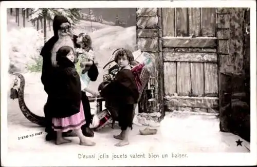 Ak Glückwunsch Weihnachten, Weihnachtsmann, Schlitten, Kinder, Geschenke