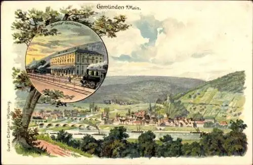 Litho Gemünden am Main Unterfranken, Bahnhof, Panorama