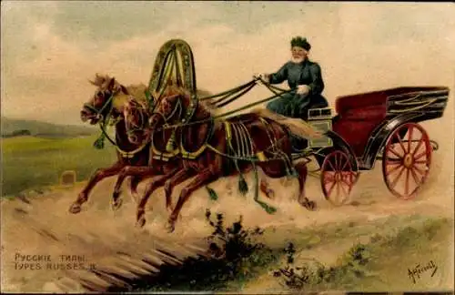 Künstler Litho Heroebb, A., Russische Volkstypen, Mann auf einer dreispännigen Kutsche