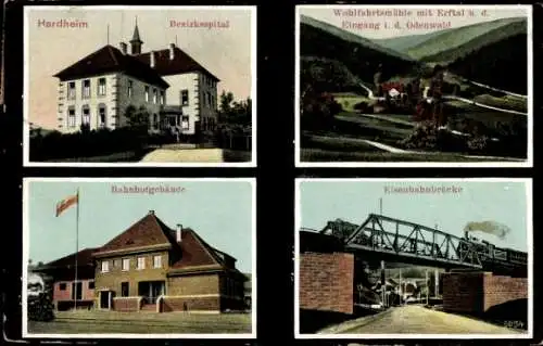 Ak Hardheim im Odenwald Baden, Bezirksspital, Wohlfahrtsmühle, Bahnhofgebäude, Eisenbahnbrücke