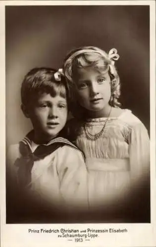 Ak Prinz Friedrich Christian und Prinzessin Elisabeth zu Schaumburg-Lippe, Kinderportrait 1913