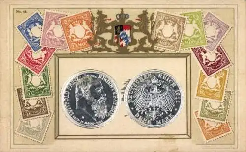 Präge Briefmarken Wappen Ak Deutsches Reich, Münzen, Prinz Luitpold von Bayern