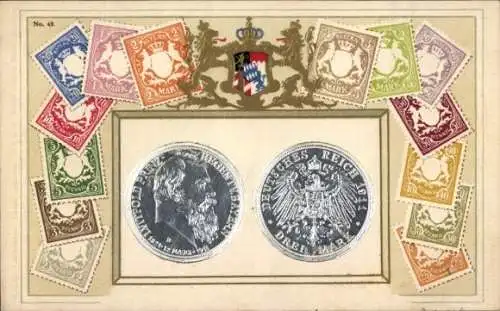 Präge Briefmarken Wappen Ak Deutsches Reich, Münzen, Prinz Luitpold von Bayern