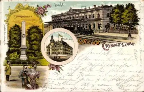Litho Crimmitschau in Sachsen, Rathaus, Kriegerdenkmal, Bahnhof