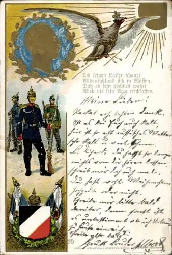 Präge Litho Kaiser Wilhelm II., Deutsche Soldaten, Adler, Wappen, Fahnen