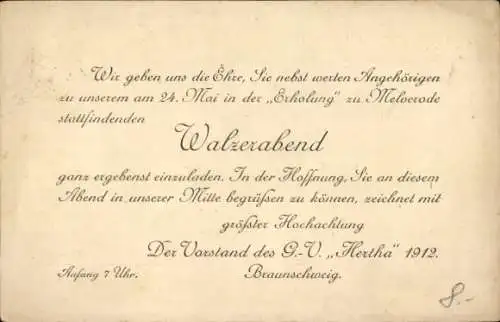 Ak Braunschweig, G.V. Hertha 1912, Einladung zum Walzerabend im Gasthaus Erholung, Melverode