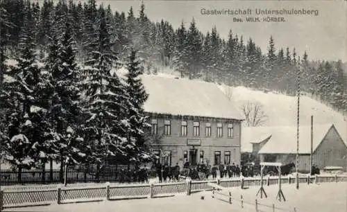 Ak Unterschulenberg Schulenberg Clausthal Zellerfeld im Oberharz, Gastwirtschaft, Winteransicht