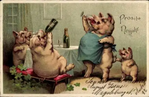 Ak Fröhliches Neujahr, Vermenschlichte Schweine trinken Sekt