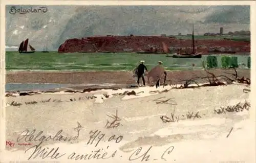 Künstler Litho Heinrich Kley, Helgoland, Strand, Ober- u. Unterland