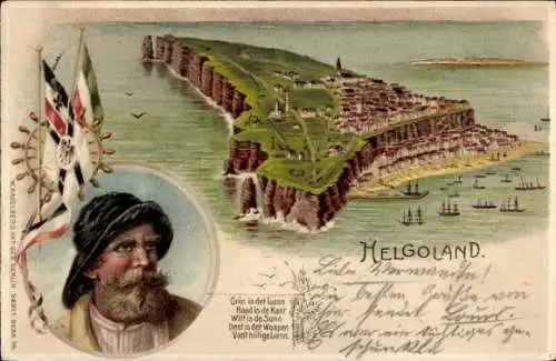 Litho Nordseeinsel Helgoland, Gesamtansicht, Fahnen, Mann