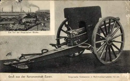 Ak Essen im Ruhrgebiet, Krupp'sche Feldkanone in Rohrrücklauf Lafette 7.5cm, Krupp-Werke