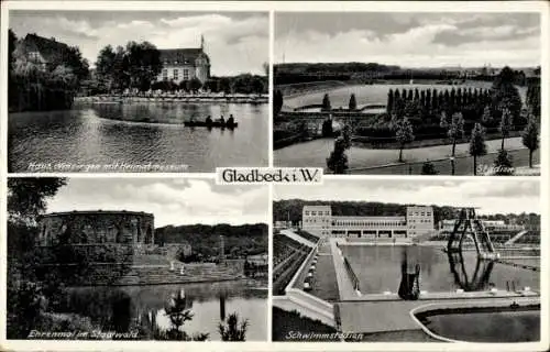 Ak Gladbeck im Ruhrgebiet Westfalen, Heimatmuseum, Ehrenmal im Stadtwald, Stadion