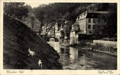 Ak Monschau i.d. Eifel, Häuser an der Rur, Ziegen