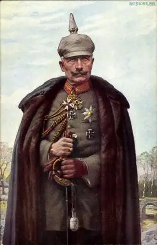 Künstler Ak Fischer, Art., Kaiser Wilhelm II., Portrait in Uniform, Mantel, Pickelhaube