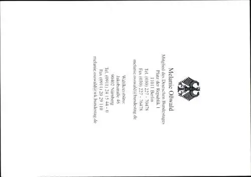 Ak MdB Melanie Oßwald, Porträt, Autogramm