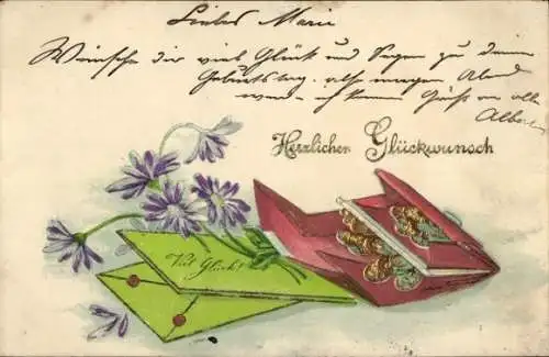 Präge Ak Glückwunsch, Portemonnaie, Münzen