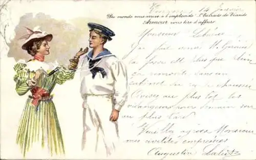 Litho Marinesoldat in Uniform, Frau in grünem Kleid, Werbung, Armour & Compagnie Chicago