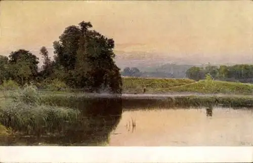 Künstler Ak Didier-Pouget, W., Abendstimmung, Teich, Wiese