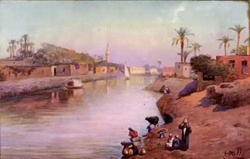 Künstler Ak Zullo, Fluss, Palmen, Maghreb, Wasserschöpfer