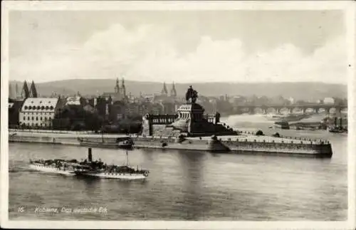 Ak Koblenz am Rhein, Deutsches Eck, Denkmal Kaiser Wilhelm I., Schiff