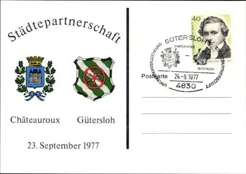 Ak Gütersloh in Westfalen, Städtepartnerschaft Châteauroux, Wappen, 23.09.1977