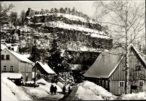 Ak Oybin in der Oberlausitz, Hauptstraße und Berg Oybin, Winter