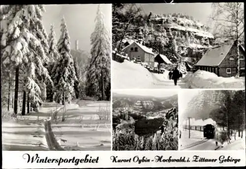 Ak Oybin in der Oberlausitz, Zittauer Gebirge, Hochwald, An der Felsengasse, Schmalspurbahn, Winter