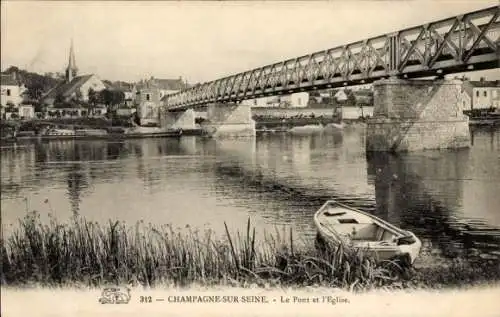 Ak Champagne sur Seine Seine et Marne, Brücke, Kirche