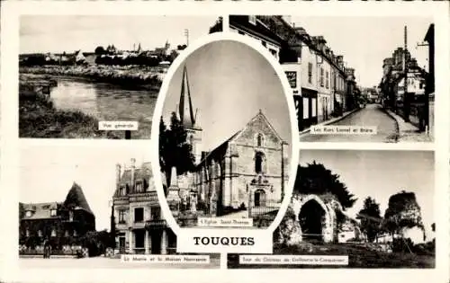 Ak Touques Calvados, vue generale, La Mairie et la Maison Normande, l'Eglise Saint-Thomas