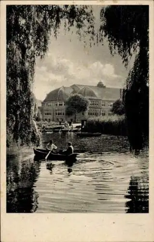 Ak Mönchengladbach am Niederrhein, Volksgarten, Weiher, Volksgartenhalle, Ruderboot