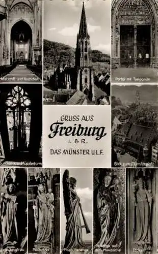 Ak Freiburg im Breisgau, Münster U.L.F., Portal, Tympanon, Mittelschiff, Hochchor, Madonna