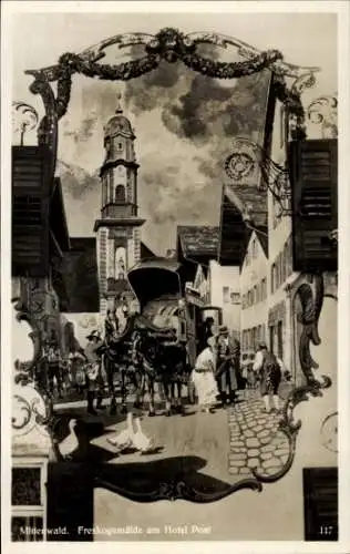 Ak Mittenwald Oberbayern, Freskogemälde am Hotel Post