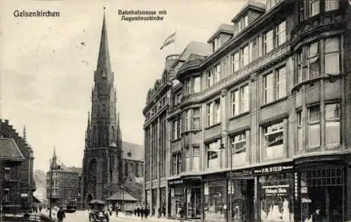 Ak Gelsenkirchen im Ruhrgebiet, Bahnhofstraße, Augustinuskirche, Geschäft P. W. Stein