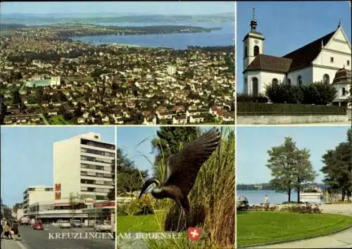 Ak Kreuzlingen Kanton Thurgau, Luftbild vom Ort, Kirche, Straßenansicht, Statue, Uferansicht