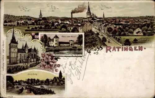 Litho Ratingen im Kreis Mettmann, Totalansicht, Kath. Kirche, Cromford, Haus zum Haus