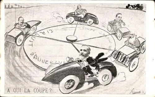 Ak Karikatur, Coupe Gordon Bennet, Circuit d'Auvergne, Wilhelm II, König Alphonse von Spanien