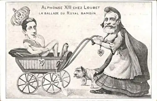 Künstler Ak Orens, Karikatur, König Alphons XIII von Spanien, Emile Loubet, Kinderwagen