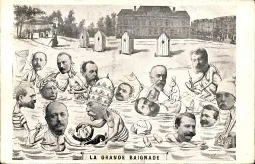 Ak La Grande Baignade, Jaures, Combes, Pelletan, französische Politiker, Karikatur