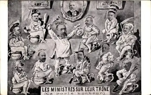 Ak Les Ministres sur leur Trone, französische Politiker auf Nachttöpfen, Karikatur, Rouvier,Delcasse