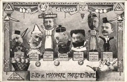 Künstler Ak Le jeu de massacre parlamentaire, Vallé, Brisson, Rouvier, Combes, Berteaux, Delcassé