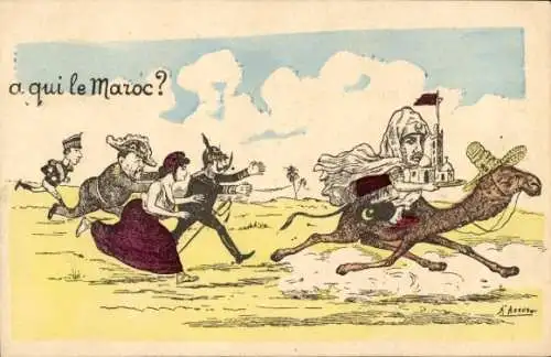 Künstler Ak A qui le Maroc, Karikatur, Marianne, Kaiser Wilhelm II., Alfons XIII, Kamel